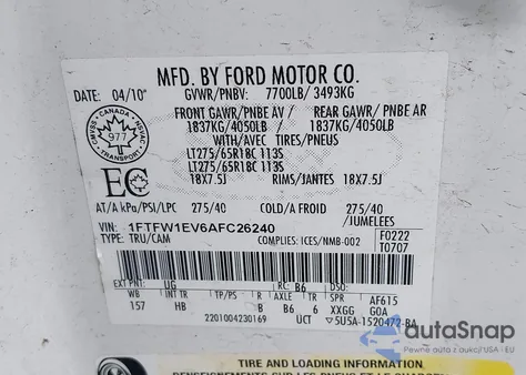 2010 Ford F-150 Fx4/Harley-Davidson/King Ranch/Lariat/Platinum/Xl/Xlt from USA, damaged, VIN 1FTFW1EV6AFC26240